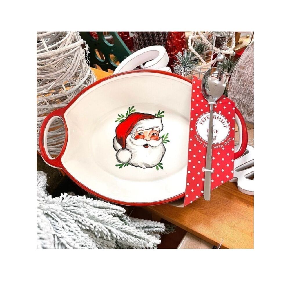 NWT Peppermint & Pine Ceramic White Red Christmas Santa Serve Dish Platter Spoon